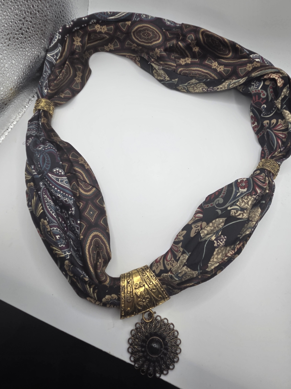 Vintage-Inspired Brown Paisley Silk Scarf Necklace with Gold Pendant